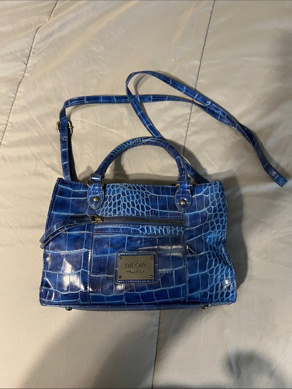 Nicole Miller Blue Croc-Embossed Satchel with Top Handles and Strap